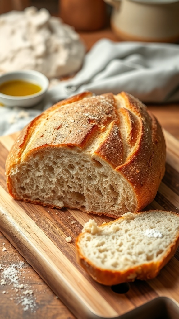 Freshly baked homemade bread loaf on a cutting board, sliced to show soft interior, with olive oil in the background.